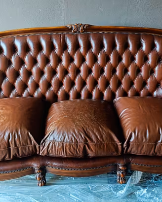 Salotto Barocco Vera Pelle, legno intagliato