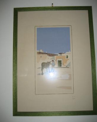 Litografia Originale di Aldo Riso - uomo con asino