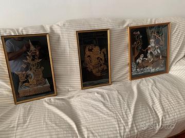 Tre quadri arte thailandese in seta nera