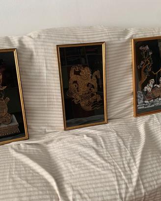Tre quadri arte thailandese in seta nera