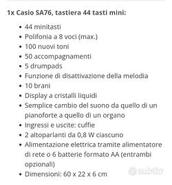 Tastiera Casio SA76 44 tasti con custodia