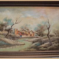 Quadro paesaggio fiume con case