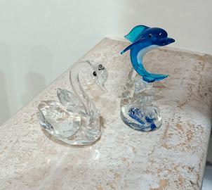 Coppia statuine Delfino e Cigno in vetro di Murano