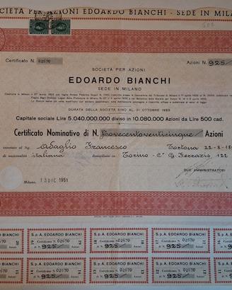TITOLO AZIONARIO EDOARDO BIANCHI DICEMBRE 1961