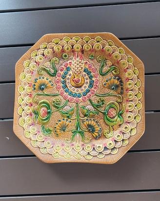 Piatto quadro terracotta ceramica colorato pavone