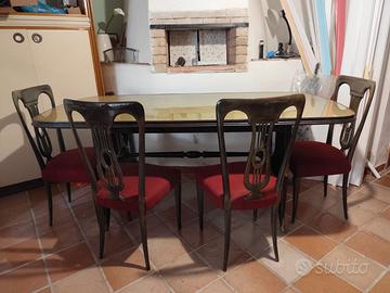 Tavolo anni '50 con 6 sedie in velluto rosso