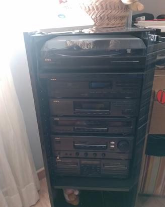 compatto stereo aiwa con mobiletto legno e vetro