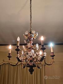 Lampadario anni 70 in legno metallo e cristallo