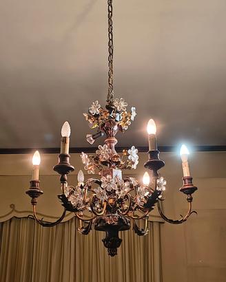 Lampadario anni 70 in legno metallo e cristallo