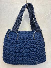 Borsa a mano blu uncinetto cotone