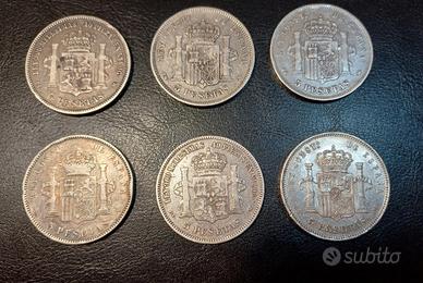 Lotto di 6 Monete in Argento 5 Pesetas