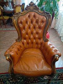 2 poltrone vintage legno e vera pelle marrone 