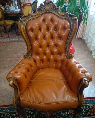 2 poltrone vintage legno e vera pelle marrone 