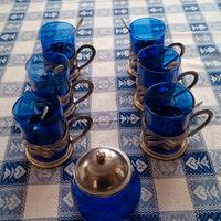 servizio da caffè vintage vetro blu e silver plate