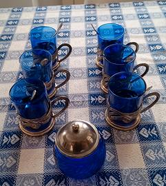 servizio da caffè vintage vetro blu e silver plate