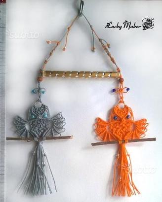 Coppia di Gufi con ali Intrecci di corda a macrame