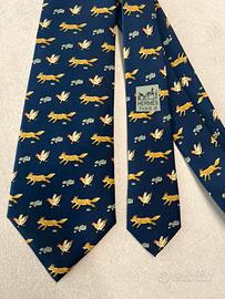 Cravatta Hermes vintage seta blu volpe e gallina