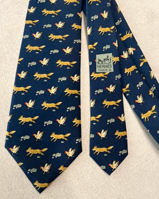 Cravatta Hermes vintage seta blu volpe e gallina