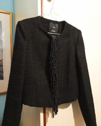 MANGO ORIGINALE GIACCA NERA TWEED DONNA S/M PERLE