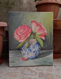 quadro vaso di rose rosa 