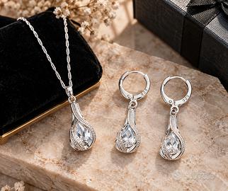 set collana orecchini argento zirconi goccia donna