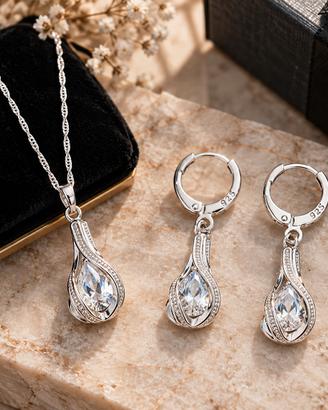set collana orecchini argento zirconi goccia donna