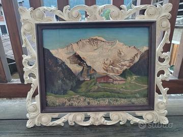 Dipinto ad olio montagne con cornice vintage