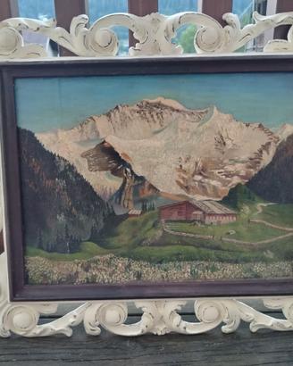 Dipinto ad olio montagne con cornice vintage
