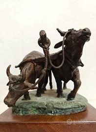 SCULTURA BRONZO COPPIA BUOI DA LAVORO CON ARATRO