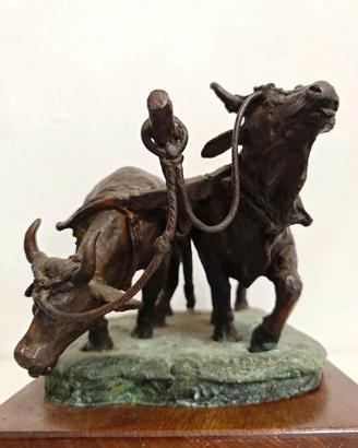 SCULTURA BRONZO COPPIA BUOI DA LAVORO CON ARATRO
