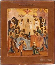 ANTICA ICONA RUSSA "Dormizione di Maria" Ikon