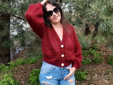 Cardigan bordeaux fluffy in mohair handmade
