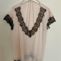 bluse manica corte colore rosa con pizzo nero