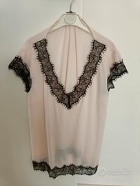 bluse manica corte colore rosa con pizzo nero