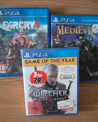 Set 3 giochi: The Witcher; MediEvil; FarCry PS4 