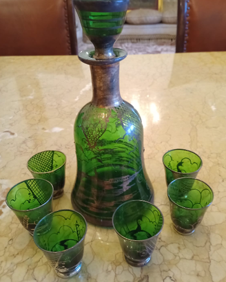 Servizio da Liquore Vintage Vetro Verde e Argento
