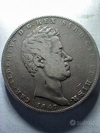 5 LIRE CARLO ALBERTO 1847 TORINO RARA