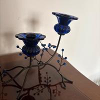 Portacenere doppio in vetro blu e ferro