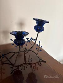 Portacenere doppio in vetro blu e ferro