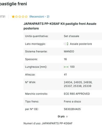 PASTIGLIE FRENI POSTERIORI PEUGEOT 206