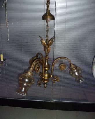 Lampadario ottone brunito Liberty 3 luci anni 60