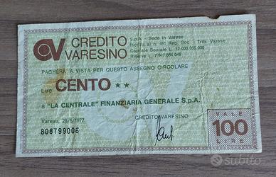 miniassegno Credito Varesino 100 lire