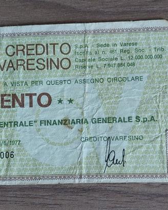 miniassegno Credito Varesino 100 lire