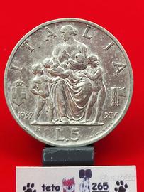 1937 Italia 5 Lire Fecondità Ag 835 5g