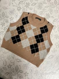 Gilet Donna Fantasia Quadri Beige/Nero – Taglia S