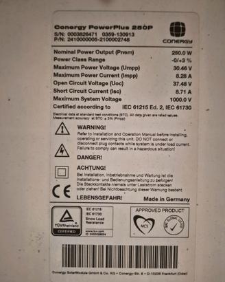 12 pannelli fotovoltaici Conergy 250W (3 kW) 