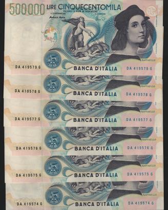 LOTTO BANCONOTE ITALIANE 500000 LIRE RAFFAELLO 