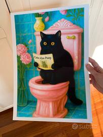 Poster stampa gatto nero buffo wc toilette bagno
