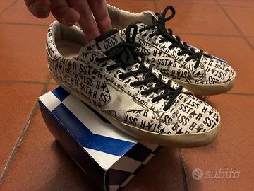Golden Goose Super-Star logo all-over bianche nere