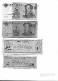 cartamoneta Cina da 0.10 1 e 5 yuan